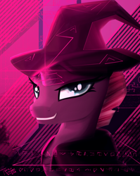 Size: 1300x1636 | Tagged: safe, artist:pedrohander, imported from derpibooru, tempest shadow, pony, unicorn, broken horn, bust, cape, clothes, female, hat, horn, solo, witch hat