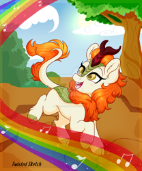 Size: 1024x1229 | Tagged: safe, artist:twisted-sketch, imported from derpibooru, autumn blaze, kirin, sounds of silence, awwtumn blaze, cloud, cute, deviantart watermark, female, happy, music notes, obtrusive watermark, open mouth, print, rainbow, sky, smiling, solo, sun, tree, watermark