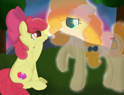 Size: 3300x2550 | Tagged: safe, artist:skyflys, imported from derpibooru, apple bloom, pear butter, earth pony, ghost, pony, undead, female, filly, freckles, mare, mother and daughter, pear butter's ghost, sad, smiling, teary eyes