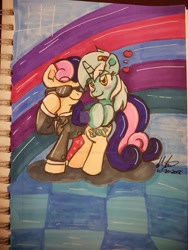 Size: 1024x1365 | Tagged: safe, artist:yoshimarsart, imported from derpibooru, bon bon, lyra heartstrings, sweetie drops, earth pony, pony, unicorn, deviantart watermark, female, lesbian, lyrabon, obtrusive watermark, secret agent sweetie drops, shipping, traditional art, watermark