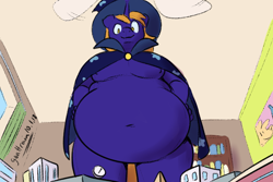 Size: 1200x800 | Tagged: safe, artist:goat train, imported from derpibooru, oc, oc:star bright, anthro, unicorn, belly, belly button, bhm, big belly, bookshelf, chubby, city, cosmic wizard, fat, giant pony, hat, huge belly, looking at you, looking down, looming, looming over, macro, male, mega giant, model city, moobs, obese, overweight, solo, stallion, where is your god now?, wizard, wizard hat, wizard robe