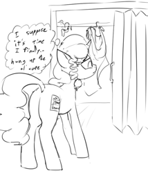 Size: 700x819 | Tagged: safe, artist:dotkwa, imported from derpibooru, oc, oc only, oc:marker pony, pony, unicorn, /mlp/, 4chan, butt, grayscale, mlpg, monochrome, plot, requested art, sketch, thinking