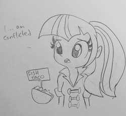 Size: 1227x1138 | Tagged: safe, artist:tjpones, imported from derpibooru, sonata dusk, equestria girls, rainbow rocks, cannibalism, carnivore confusion, clothes, dialogue, female, food, furry confusion, lineart, monochrome, ponytail, shirt, simple background, sketch, solo, sonataco, taco, that girl sure loves tacos, that pony sure does love tacos, that siren sure does love tacos, traditional art