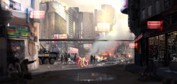 Size: 3400x1620 | Tagged: safe, artist:aidelank, imported from derpibooru, fluttershy, rainbow dash, human, pegasus, pony, city, clothes, cyberpunk, dystopia, female, futuristic, mare, poverty, scenery