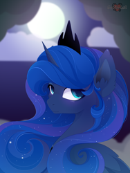 Size: 2691x3569 | Tagged: safe, artist:xsatanielx, imported from derpibooru, princess luna, alicorn, pony, cloud, crown, female, jewelry, looking back, mare, moon, night, night sky, rcf community, regalia, sky, solo