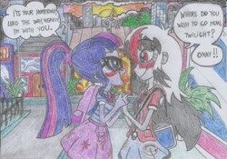 Size: 1755x1227 | Tagged: safe, artist:nephilim rider, imported from derpibooru, sci-twi, twilight sparkle, oc, oc:heaven lost, equestria girls, equestria girls series, blushing, looking at each other, traditional art