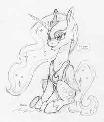 Size: 1984x2333 | Tagged: safe, artist:dilarus, deleted from derpibooru, imported from derpibooru, princess luna, alicorn, pony, black and white, crown, cutie mark, dialogue, female, grayscale, hoof shoes, i am the night, jewelry, lol, mare, monochrome, pencil drawing, peytral, regalia, simple background, sitting, sketch, smiling, smirk, solo, thought bubble, traditional art, white background