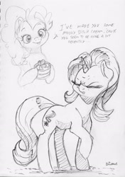 Size: 2201x3130 | Tagged: safe, artist:dilarus, deleted from derpibooru, imported from derpibooru, pinkie pie, starlight glimmer, earth pony, pony, unicorn, annoyed, cutie mark, dialogue, duo, duo female, female, looking back, mare, monochrome, raised hoof, sketch, smiling, traditional art, vulgar