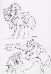 Size: 2152x3144 | Tagged: safe, artist:dilarus, deleted from derpibooru, imported from derpibooru, princess celestia, twilight sparkle, alicorn, pony, unicorn, black and white, crown, cutie mark, dialogue, duo, duo female, female, grayscale, jewelry, lip quiver, mare, monochrome, open mouth, peytral, pouting, raised hoof, regalia, sketch, teary eyes, traditional art, unicorn twilight