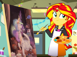 Size: 1011x758 | Tagged: safe, artist:cannibalus, edit, edited screencap, editor:gay-horse, imported from derpibooru, screencap, princess celestia, princess luna, sunset shimmer, alicorn, pony, eqg summertime shorts, equestria girls, the art of friendship, cake, cakelestia, chubbylestia, cute, eating, exploitable meme, fat, female, food, funny, goblet, levitation, magic, meme, obese, open mouth, painting, prone, shimmerbetes, solo, sunset's painting, telekinesis, tongue out