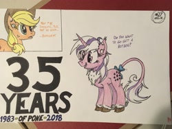 Size: 4032x3024 | Tagged: safe, artist:gtx, imported from derpibooru, applejack, twilight, classical unicorn, pony, unicorn, 35th anniversary, anniversary, cloven hooves, cowboy hat, female, g's bad handwriting, g1, g1 to g4, g4, generation leap, hat, implied ponies eating meat, leonine tail, stetson, traditional art, unshorn fetlocks