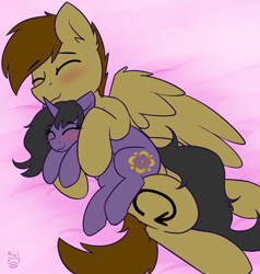 Size: 2684x2820 | Tagged: safe, artist:rivibaes, imported from derpibooru, oc, oc:rivibaes, oc:vicious loop, pegasus, pony, unicorn, blushing, cuddling, female, hug, male, size difference, straight