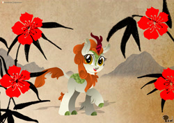 Size: 4961x3508 | Tagged: safe, artist:edonovaillustrator, imported from derpibooru, autumn blaze, kirin, sounds of silence, cloven hooves, female, flower, lineless, looking at you, open mouth, raised hoof, shadow, smiling, solo