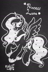 Size: 1483x2202 | Tagged: safe, artist:binkyt11, imported from derpibooru, princess luna, alicorn, pony, black paper, female, mare, monochrome, solo, spread wings, stars, traditional art, wings