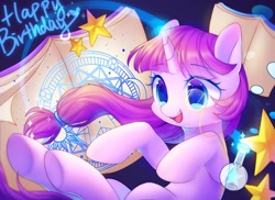 Size: 2300x1675 | Tagged: safe, artist:leafywind, imported from derpibooru, oc, oc only, pony, unicorn, book, female, flask, glowing horn, hairband, happy birthday, magic, magic circle, mare, monochrome, open mouth, smiling, solo, starry eyes, stars, underhoof, wingding eyes