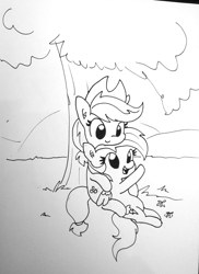 Size: 1221x1680 | Tagged: safe, artist:tjpones, imported from derpibooru, applejack, rainbow dash, earth pony, pegasus, pony, appledash, black and white, cute, dashabetes, female, grayscale, jackabetes, lesbian, lineart, looking down, looking up, mare, monochrome, open mouth, shipping, sitting, smiling, traditional art, tree