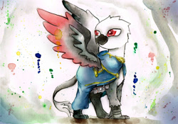 Size: 1600x1119 | Tagged: safe, artist:mashiromiku, imported from derpibooru, griffon, cloak, clothes, commission, solo, spread wings, traditional art, watercolor painting, wings