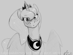 Size: 1200x900 | Tagged: safe, artist:amarynceus, imported from derpibooru, princess luna, alicorn, pony, :o, cheek fluff, crown, cute, eye reflection, female, freckles, gray background, grayscale, head tilt, implied lesbian, implied shipping, implied twiluna, jewelry, looking at you, lunabetes, mare, monochrome, open mouth, peytral, reflection, regalia, simple background, sketch, solo