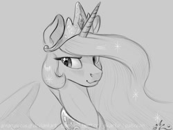 Size: 1200x900 | Tagged: safe, artist:amarynceus, imported from derpibooru, princess celestia, alicorn, pony, :3, black and white, blushing, crown, female, grayscale, implied lesbian, implied rarilestia, implied shipping, jewelry, looking away, mare, monochrome, peytral, regalia, simple background, solo