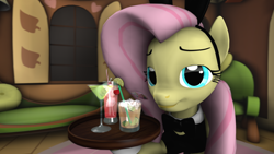 Size: 1920x1080 | Tagged: safe, artist:woonna, derpibooru exclusive, imported from derpibooru, fluttershy, pegasus, pony, 3d, alcohol, bowtie, bunny ears, bunny suit, clothes, cocktail umbrella, drink, female, fluttershy's cottage, solo