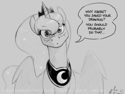 Size: 1200x900 | Tagged: safe, artist:amarynceus, imported from derpibooru, princess luna, alicorn, pony, black and white, crown, cute, dialogue, female, freckles, grayscale, head tilt, implied lesbian, implied shipping, implied twiluna, jewelry, looking at you, lunabetes, mare, monochrome, peytral, regalia, simple background, sketch, solo, speech bubble, talking to viewer