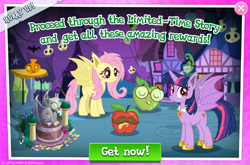 Size: 2310x1526 | Tagged: safe, imported from derpibooru, fluttershy, good apple, mustachioed apple, twilight sparkle, alicorn, bat pony, bat pony alicorn, pony, night of the living apples, spoiler:comic, spoiler:comic32, spoiler:comic33, advertisement, apple, bad apple, bat ponified, female, flutterbat, food, gameloft, limited-time story, living apple, mare, official, race swap, twibat, twilight sparkle (alicorn)