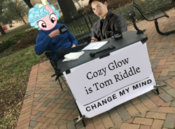 Size: 1348x992 | Tagged: safe, imported from derpibooru, cozy glow, school raze, change my mind, cozy glow's true goal, harry potter, harry potter (series), irl, meme, photo, pure concentrated unfiltered evil of the utmost potency, steven crowder, tom riddle, voldemort