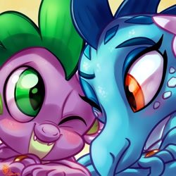 Size: 1800x1800 | Tagged: safe, artist:whitediamonds, imported from derpibooru, princess ember, spike, dragon, blushing, commission, cute, dragoness, emberspike, female, looking at each other, male, married, married couple, one eye closed, ring, shipping, spikabetes, straight, wedding ring, wink