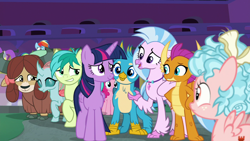 Size: 1280x720 | Tagged: safe, imported from derpibooru, screencap, cozy glow, gallus, ocellus, pinkie pie, rainbow dash, sandbar, silverstream, smolder, twilight sparkle, yona, alicorn, changedling, changeling, classical hippogriff, dragon, earth pony, griffon, hippogriff, pegasus, pony, yak, school raze, bow, claws, cute, cutie mark, dragoness, female, filly, gallabetes, hair bow, jewelry, male, mare, monkey swings, necklace, raised eyebrow, smiling, smirk, student six, teenager, twilight sparkle (alicorn), wings