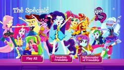 Size: 1022x577 | Tagged: safe, imported from derpibooru, applejack, fluttershy, lemon zest, pinkie pie, rainbow dash, rarity, sci-twi, sour sweet, sugarcoat, sunny flare, sunset shimmer, twilight sparkle, dance magic, equestria girls, equestria girls series, forgotten friendship, rollercoaster of friendship, spoiler:eqg specials, clothes, converse, dvd, epic fail, equestria girls logo, error, fail, hasbro why, humane five, humane seven, humane six, menu screen, mistakes were made, official, ponytail, scitwilicorn, shoes, united kingdom, you had one job