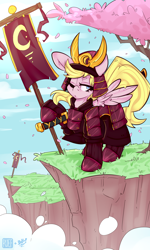 Size: 3000x5000 | Tagged: safe, artist:bbsartboutique, artist:ruef, imported from derpibooru, oc, oc only, oc:lucky doo, pegasus, pony, armor, banner, cloud, katana, mountain, samurai, solo, sword, weapon