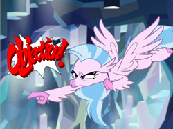 Size: 1490x1117 | Tagged: safe, edit, edited screencap, imported from derpibooru, screencap, silverstream, classical hippogriff, hippogriff, what lies beneath, ace attorney, angry, beak, cropped, female, flying, meme, narrowed eyes, objection, phoenix wright, pointing, school of friendship, solo, spread wings, text