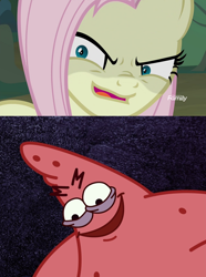 Size: 918x1232 | Tagged: safe, imported from derpibooru, mean fluttershy, the mean 6, clone, comparison, creepy, evil grin, faic, grin, nature pants, patrick star, savage, savage patrick, smiling, spongebob squarepants
