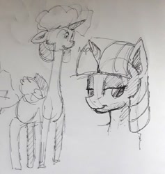 Size: 773x816 | Tagged: safe, artist:post-it, imported from derpibooru, twilight sparkle, alicorn, pony, unicorn, bust, duo, engineer, exploitable meme, female, floppy ears, ink drawing, inktober, long neck, looking at you, mare, meme, monochrome, nope, nope.avi, simple background, sketch, smiling, team fortress 2, traditional art, twilight sparkle (alicorn), white background