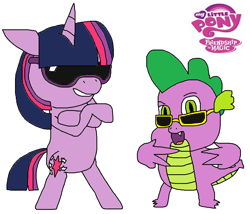 Size: 964x824 | Tagged: safe, artist:logan jones, imported from derpibooru, spike, twilight sparkle, dragon, pony, unicorn, badass, bipedal, cool, crossed arms, female, gangsta, male, my little pony logo, peace sign, sunglasses, swag