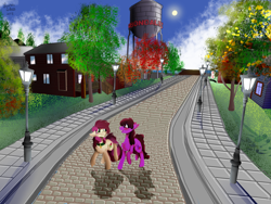 Size: 1600x1200 | Tagged: safe, artist:brainiac, imported from derpibooru, berry punch, berryshine, roseluck, pony, fallout equestria, advertisement, pet play, pony pet, rosepet, scenery, second life, town