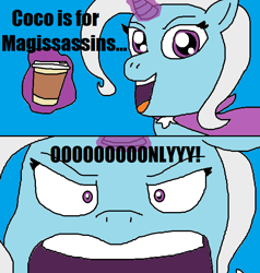 Size: 622x653 | Tagged: safe, artist:logan jones, imported from derpibooru, trixie, pony, unicorn, chocolate, faic, female, food, glowing horn, hot chocolate, hot coco, levitation, magic, sassy, savage, shrunken pupils, telekinesis, totally busted, totally spies