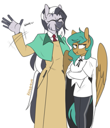 Size: 671x784 | Tagged: safe, artist:redxbacon, imported from derpibooru, oc, oc only, oc:spur bevel, oc:zuri, anthro, pegasus, zebra, clothes, cosplay, costume, eyes closed, female, mare, meryl strife, millie thompson, no source available, size difference, smiling, trigun, tsundere, waving