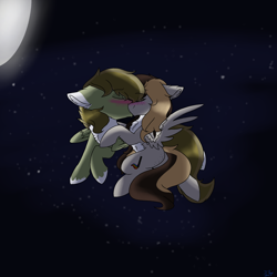 Size: 2560x2560 | Tagged: safe, artist:brokensilence, imported from derpibooru, oc, oc:auctor, oc:misty serenity, pegasus, pony, blushing, couple, eyes closed, flying, kissing, mistor, moon, night, stars