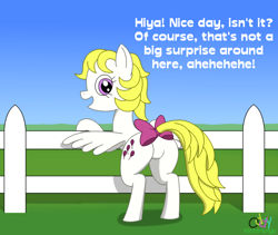 Size: 1010x854 | Tagged: safe, alternate version, artist:oddymcstrange, imported from derpibooru, surprise, pegasus, pony, bipedal, bipedal leaning, bow, butt, dialogue, female, fence, g1, g1 to g4, g4, generation leap, laughing, leaning, looking back, mare, open mouth, plot, pun, smiling, solo, surprise (g1), tail bow