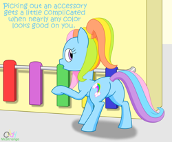 Size: 916x760 | Tagged: safe, artist:oddymcstrange, imported from derpibooru, rainbow dash (g3), earth pony, pony, butt, dialogue, female, g3, g3 rainbutt dash, g3 to g4, g3.5, g3.5 to g4, g4, generation leap, looking back, plot, raised hoof, rear view, solo