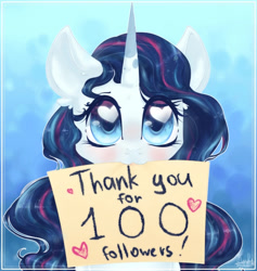 Size: 720x761 | Tagged: safe, artist:crystalraimbow, imported from derpibooru, oc, oc only, pony, unicorn, female, heart eyes, mare, milestone, mouth hold, sign, solo, wingding eyes