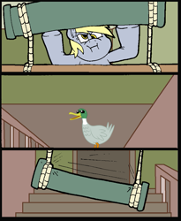 Size: 757x923 | Tagged: safe, artist:virus-20, edit, imported from derpibooru, derpy hooves, duck, abuse, animal abuse, home alone 2: lost in new york, op is a duck (reaction image), stairs, this will end in death