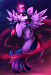 Size: 3208x4667 | Tagged: safe, artist:kaleido-art, imported from derpibooru, twilight sparkle, alicorn, pony, eye clipping through hair, female, flying, glowing horn, high res, looking up, magic, magic aura, mare, solo, twilight sparkle (alicorn)