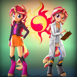 Size: 5200x5200 | Tagged: safe, artist:imafutureguitarhero, artist:kaemantis, imported from derpibooru, sunset shimmer, anthro, unguligrade anthro, unicorn, equestria girls, friendship games, the science of magic, 3d, absurd resolution, adaptation, boots, breasts, chromatic aberration, cleavage, clipboard, clothes, colored eyebrows, cutie mark, dress, duality, equestria girls outfit, female, film grain, freckles, glasses, horn, jacket, lab coat, leather, leather jacket, mare, miniskirt, paintover, pen, recursive fanart, shirt, shoes, skirt, solo, source filmmaker, square, sunset the science gal