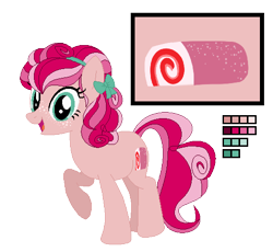 Size: 500x460 | Tagged: dead source, safe, artist:awoomarblesoda, imported from derpibooru, oc, oc only, oc:strawberry swiss roll, earth pony, pony, female, mare, offspring, parent:cheese sandwich, parent:pinkie pie, parents:cheesepie, reference sheet, simple background, solo, transparent background