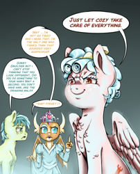 Size: 1700x2100 | Tagged: safe, artist:brother-lionheart, imported from derpibooru, cozy glow, sandbar, smolder, dragon, earth pony, pegasus, pony, what lies beneath, clothes, cozy glow is best facemaker, crazy glow, dialogue, dragoness, dress, engrish, female, foal, insanity, jewelry, makeup, princess smolder, pure concentrated unfiltered evil of the utmost potency, sleepy, tiara, trio