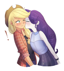 Size: 1157x1273 | Tagged: safe, artist:tcn1205, imported from derpibooru, applejack, rarity, human, equestria girls, blushing, cheek kiss, clothes, commissioner:raritybro, cute, daaaaaaaaaaaw, exclamation point, eyes closed, female, humanized, jackabetes, kiss on the cheek, kissing, lesbian, one eye closed, pony coloring, raribetes, rarijack, shipping, simple background, skirt, white background