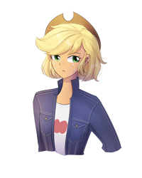 Size: 1200x1500 | Tagged: safe, artist:tcn1205, imported from derpibooru, applejack, human, equestria girls, alternate hairstyle, clothes, cowboy hat, female, hat, humanized, jacket, pony coloring, shirt, short hair, simple background, solo, stetson