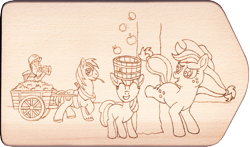 Size: 2849x1672 | Tagged: safe, artist:malte279, imported from derpibooru, apple bloom, applejack, big macintosh, granny smith, apple, apple family, applebucking, cart, craft, food, harvest, pyrography, traditional art, wip